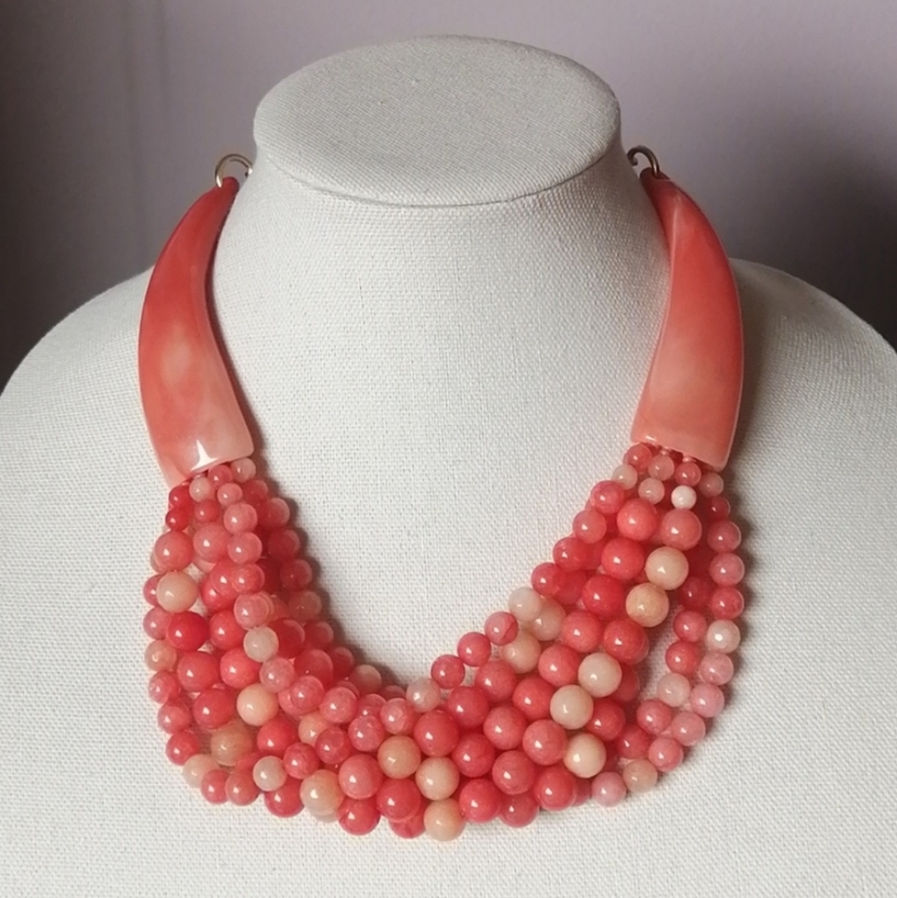 EUC Chico's Pink Nephrite Faux Coral Multi Beaded Bib Necklace